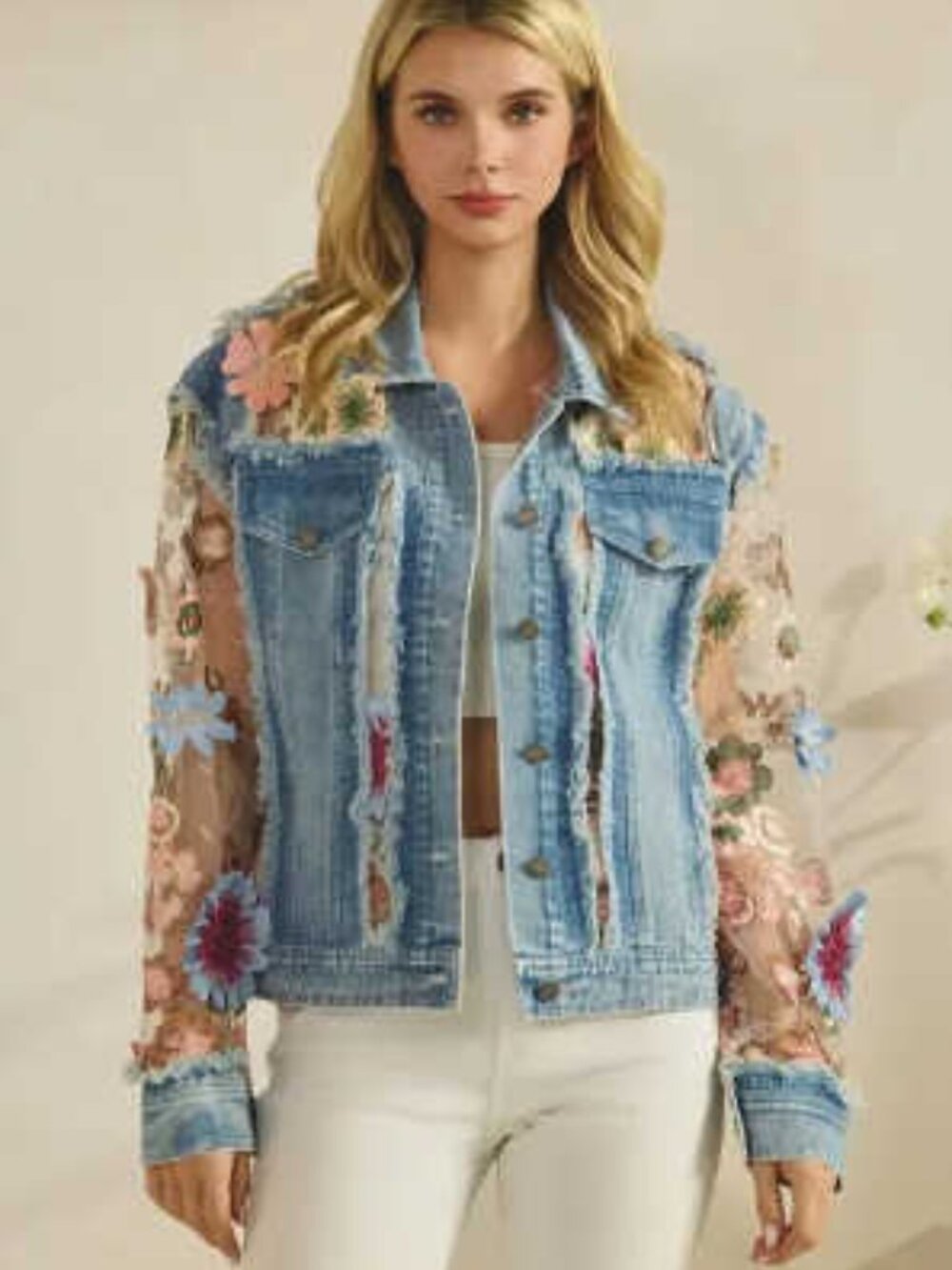 Denim Jacket with Floral Organza Inset